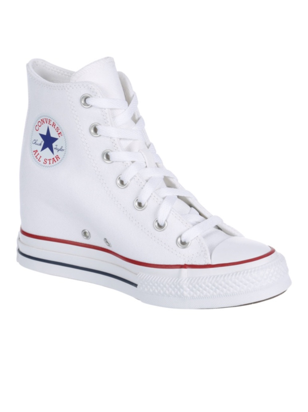 New in box Converse White High-Top Wedge Sneakers with Red & Navy Accents